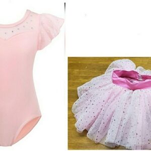 NWT Sparkly Pink Kids Dance Gymnastics Costume with Cap Sleeves & Pre-owned Tutu